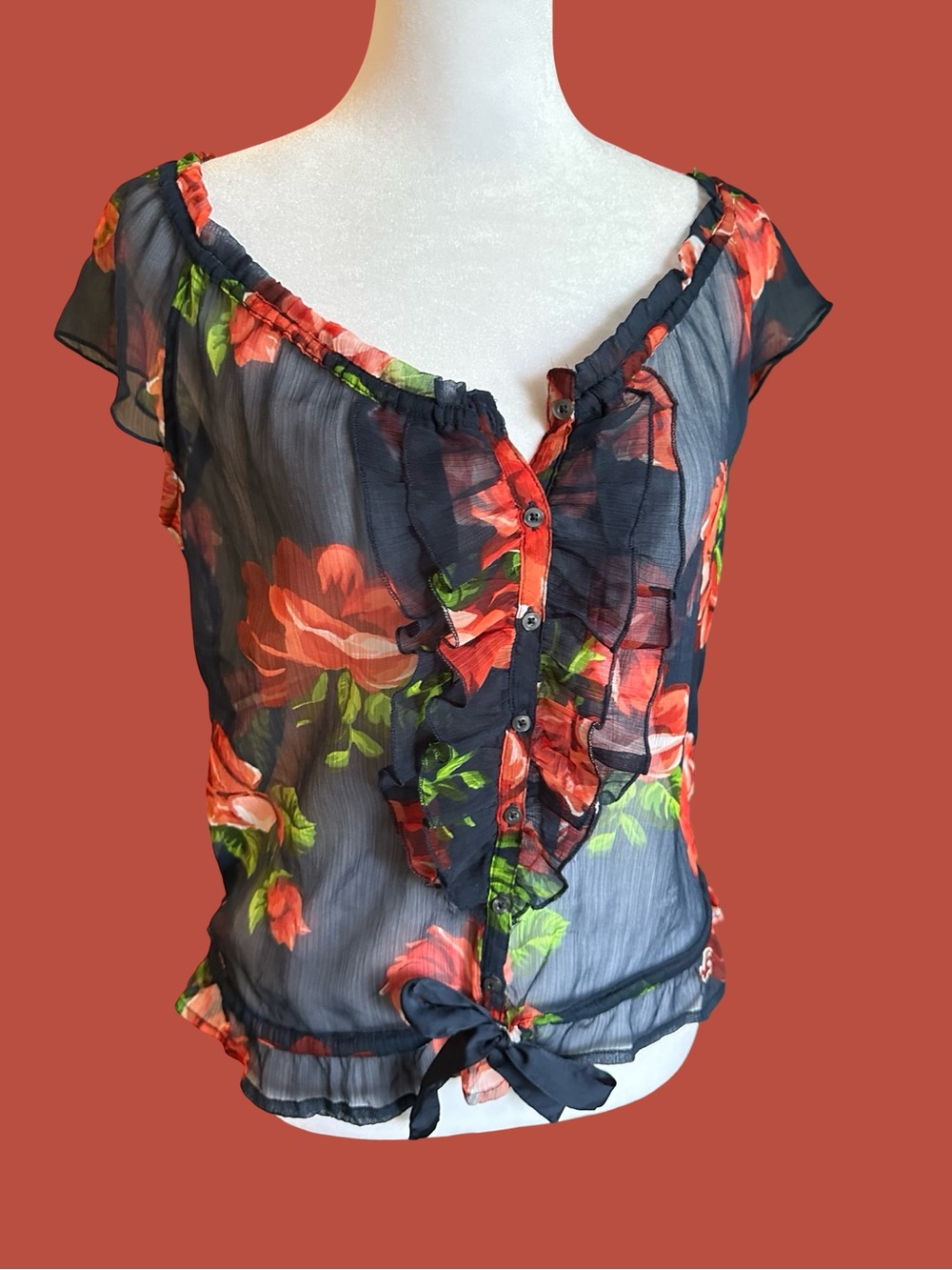 Hollister Navy Sheer Blouse with Red Floral Print